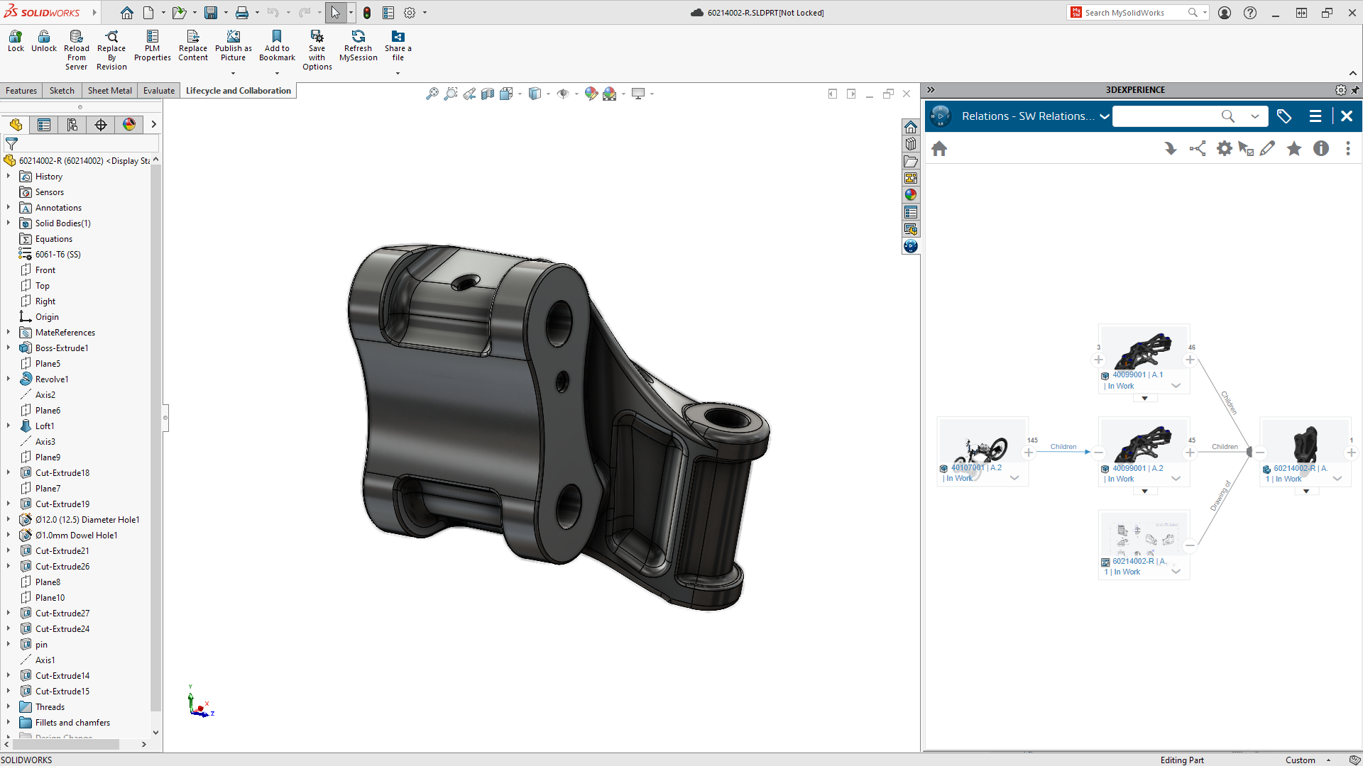 SOLIDWORKS interface showing a mechanical part, feature history tree, modeling toolbar, and component relations