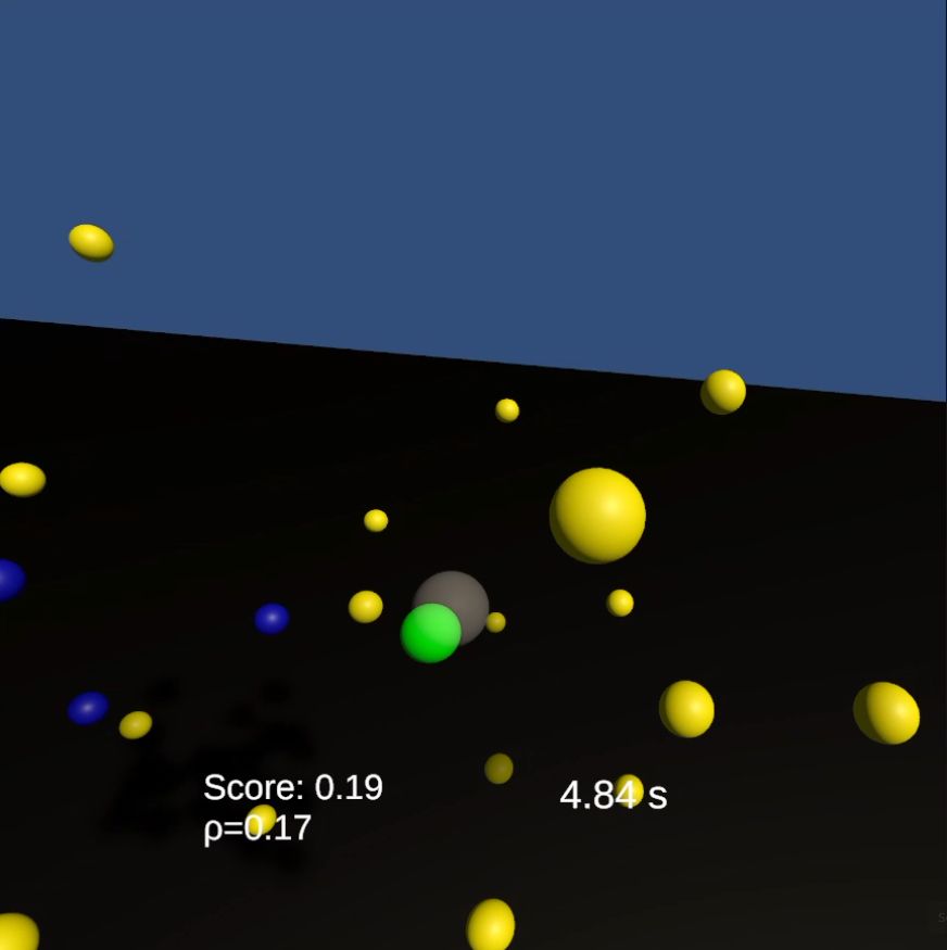 Actual Unity VR prototype with crowded yellow objects, a green recommended target, score and timing display