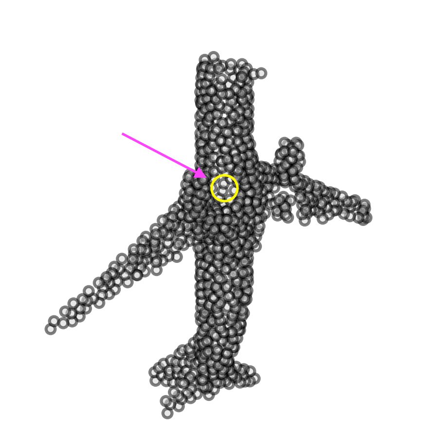Original presentation airplane point cloud with a hole marked by a magenta arrow and yellow circle